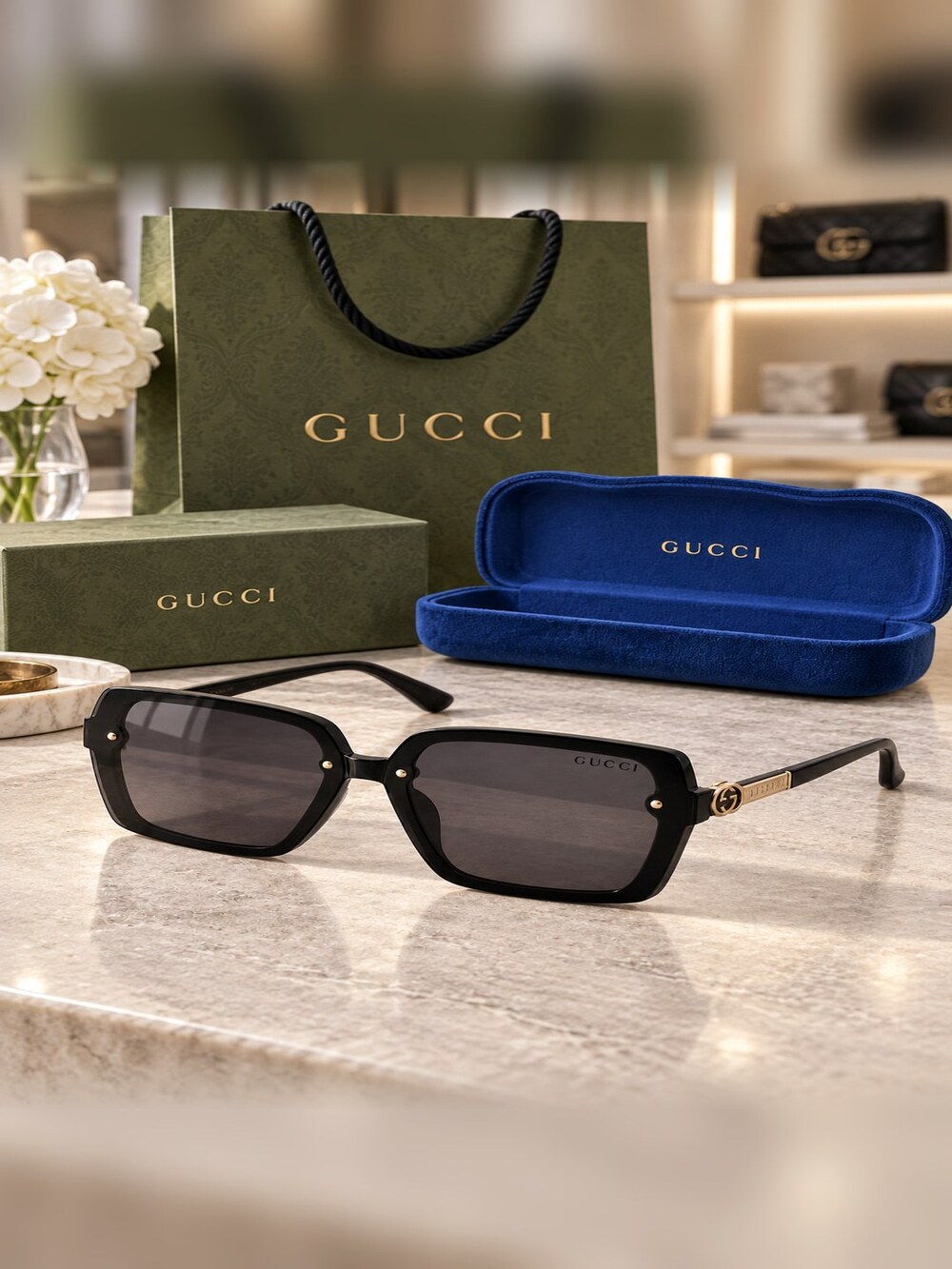 Gucci Black Gold Trim Square Sunglasses - Picture 2 of 6